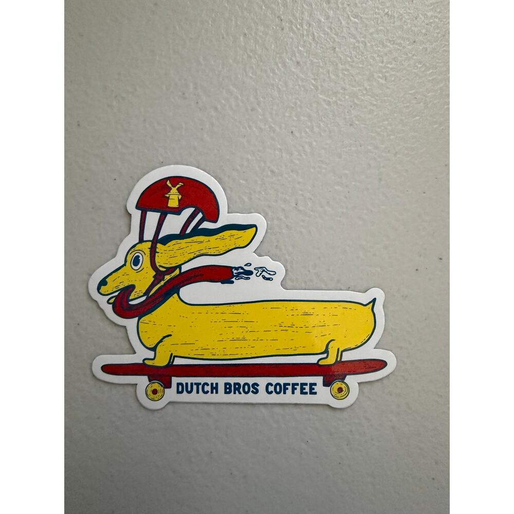 Dutch Bros Coffee, Yellow dachshund riding a skateboard-March 2020